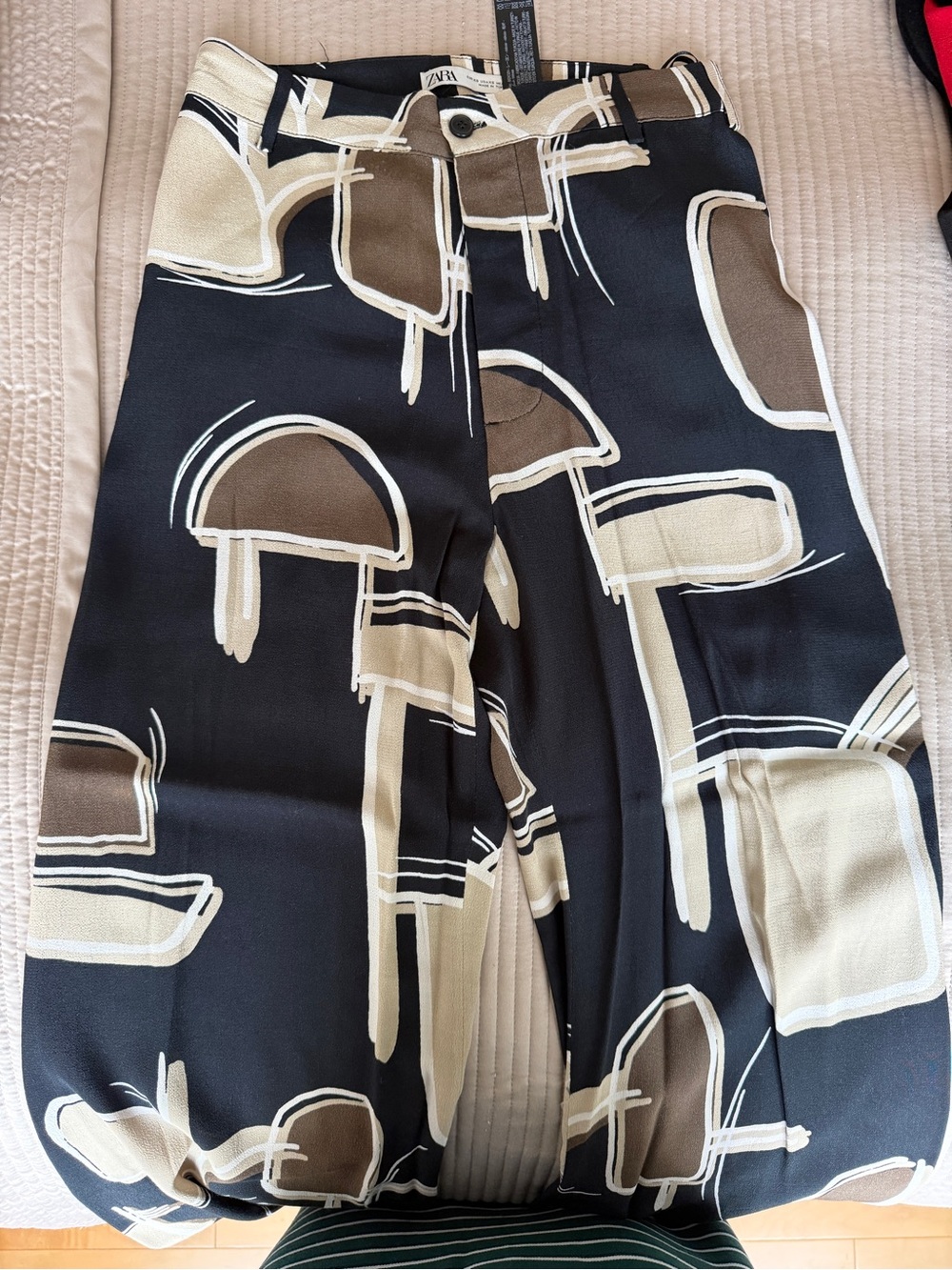 Zara Black Pants with Cream and Brown Abstract Print